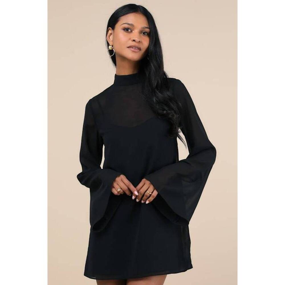 Lulus Perfected Charm Black Bell Sleeve Mini Shift Dress - Size M